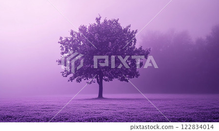 Tree stands alone in a field of purple grass. The sky is cloudy and the air is cool and misty. The scene is peaceful and serene, with the tree providing a sense of calm 122834014