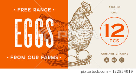 Chicken, hen with nest, eggs. Sketch artwork silhouette chicken with nest, eggs. Label, tag, chicken nest, eggs sketch ink pencil style drawing, engrave old school style. Vector Illustration 122834019