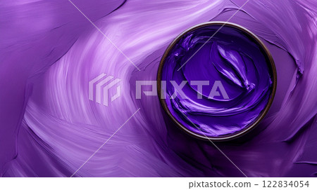 Bowl filled with purple paint sits on a purple background. The bowl is a deep purple color, and the paint inside is a rich, velvety hue. The background is a mix of purple and white Bowl filled with purple paint sits on a purple background. The bowl is a deep purple color, and the paint inside is a rich, velvety hue. The background is a mix of purple and white 122834054
