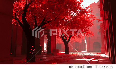 Red tree is in the foreground of a red city street. The street is empty and the tree is the only thing that stands out 122834080