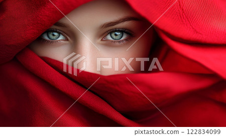 Woman with blue eyes is wearing a red scarf. The scarf is covering her face, and she is looking at the camera. The image has a mysterious and intriguing mood, as the woman's face is hidden from view Woman with blue eyes is wearing a red scarf. The scarf is covering her face, and she is looking at the camera. The image has a mysterious and intriguing mood, as the woman's face is hidden from view 122834099
