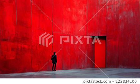 Man stands in front of a red wall with a red door. The man is looking at the door, and the wall is covered in graffiti. Scene is mysterious and intriguing 122834106