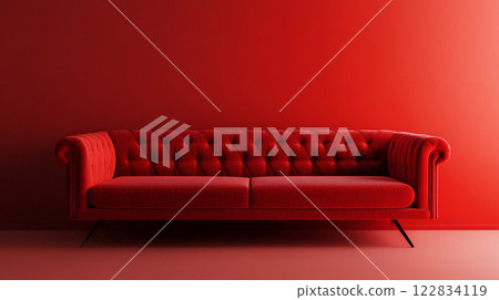 Red couch is sitting in front of a red wall. The couch is the main focus of the image, and it is the only piece of furniture in the room. The red color of the couch and the wall creates a bold Red couch is sitting in front of a red wall. The couch is the main focus of the image, and it is the only piece of furniture in the room. The red color of the couch and the wall creates a bold 122834119