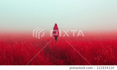 Woman in a red coat walks through a field of red grass. The scene is serene and peaceful, with the woman being the only person in the field Woman in a red coat walks through a field of red grass. The scene is serene and peaceful, with the woman being the only person in the field 122834120