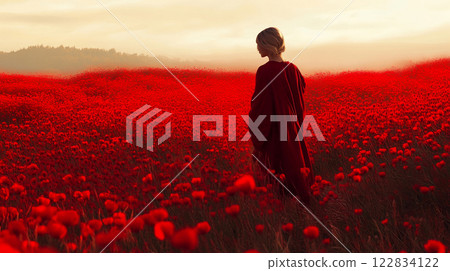 Woman is walking through a field of red poppies. The field is vast and the woman is the only person in it. The red flowers are scattered throughout the field, creating a beautiful Woman is walking through a field of red poppies. The field is vast and the woman is the only person in it. The red flowers are scattered throughout the field, creating a beautiful 122834122