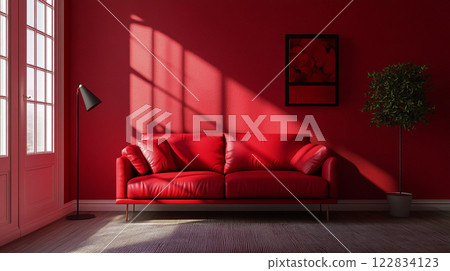 Red couch is sitting in a room with a red wall and a green plant. The room is bright and inviting, with a window letting in natural light. The couch is positioned in front of a window Red couch is sitting in a room with a red wall and a green plant. The room is bright and inviting, with a window letting in natural light. The couch is positioned in front of a window 122834123