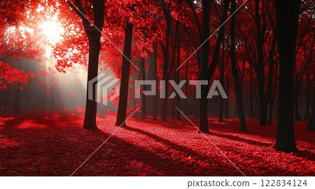 Forest with red leaves and a sun shining through the trees. The red leaves create a warm and inviting atmosphere Forest with red leaves and a sun shining through the trees. The red leaves create a warm and inviting atmosphere 122834124