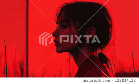 Woman with long dark hair is standing in a field of red grass. The image has a moody and mysterious feel to it, as the woman is the only visible figure in the scene 122834128