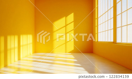 Yellow room with a window and a white wall. The room is empty and has a bright, sunny atmosphere 122834139