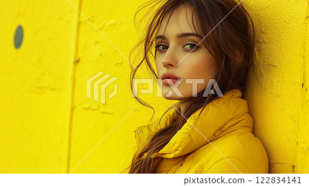 Woman in a yellow jacket stands in front of a yellow wall. She has a serious expression on her face 122834141