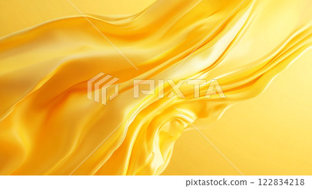 Yellow fabric with a wave pattern. The wave pattern is made up of small lines that are curved and overlapping. The fabric appears to be flowing and has a sense of movement 122834218