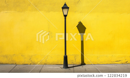 Street lamp casts a shadow on a yellow wall. The light is on the left side of the lamp post Street lamp casts a shadow on a yellow wall. The light is on the left side of the lamp post 122834219