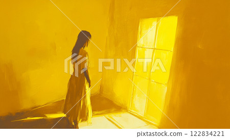 Woman is standing in a room with a window. The room is yellow and the woman is wearing a white dress 122834221