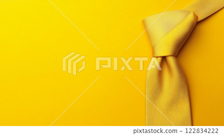 Yellow tie is tied in a knot on a yellow background. The tie is the main focus of the image, and the yellow background emphasizes its color. Concept of professionalism and formality 122834222
