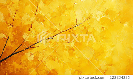 Painting of a tree branch with yellow leaves. The painting has a warm and inviting mood, with the bright yellow color of the leaves and the overall composition of the painting 122834225