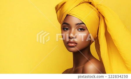 Woman with a yellow scarf on her head. She has a very nice smile Woman with a yellow scarf on her head. She has a very nice smile 122834230