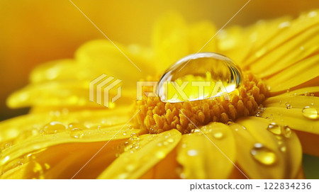 Yellow flower with a drop of water on it. The flower is the main focus of the image, and the water droplet adds a sense of freshness and life to the scene Yellow flower with a drop of water on it. The flower is the main focus of the image, and the water droplet adds a sense of freshness and life to the scene 122834236