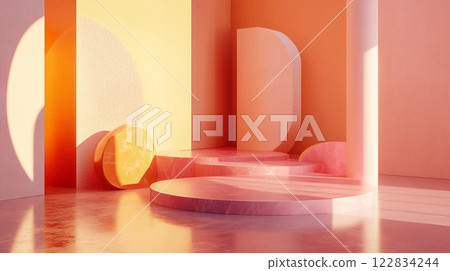 The room is a bright pink color with a pink floor and pink walls. There is a pink staircase in the room, and the walls are adorned with various shapes and sizes of round objects. The room has a modern 122834244