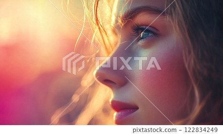 Woman with long hair and a bright smile. The image has a warm, sunny feel to it 122834249