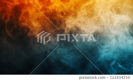 Colorful smokey background with blue and orange flames. The smoke is thick and the colors are vibrant 122834250