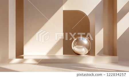 Silver ball is sitting in a room with a lot of light coming in. The room is empty and the ball is the only object in it Silver ball is sitting in a room with a lot of light coming in. The room is empty and the ball is the only object in it 122834257