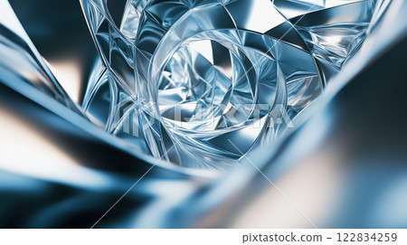 Spiral of metal with a blue hue. The spiral is made of metal and has a shiny, reflective surface. The image has a futuristic, almost otherworldly feel to it 122834259