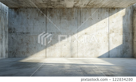 Large, empty room with a concrete wall and a window. The room is very plain and empty, with no furniture or decorations. The sunlight coming in through the window casts a warm glow on the walls 122834280