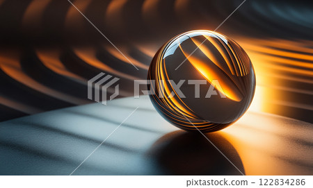 Shiny, round object is sitting on a dark surface. The object is illuminated by a light source, creating a warm and inviting atmosphere. Concept of calm and relaxation 122834286