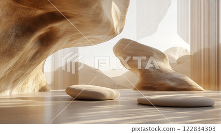 Room with a large rock in the middle and two small rocks on either side. The room is empty and has a minimalist feel 122834303