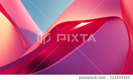 Pink and purple ribbon with a blue background. The ribbon is long and curvy, and it is made of a thin material. The colors of the ribbon and background create a sense of movement and fluidity 122834305