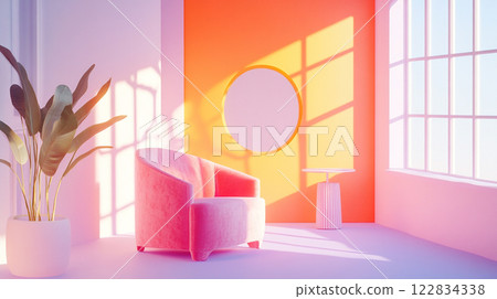 Pink chair is sitting in front of a mirror in a room with a yellow wall. The room is bright and cheerful, with a potted plant adding a touch of greenery Pink chair is sitting in front of a mirror in a room with a yellow wall. The room is bright and cheerful, with a potted plant adding a touch of greenery 122834338