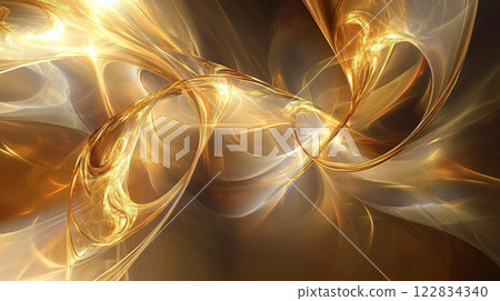 Golden swirl with a dark background. The swirl is made up of many small lines and shapes. The image has a dreamy, ethereal quality to it 122834340