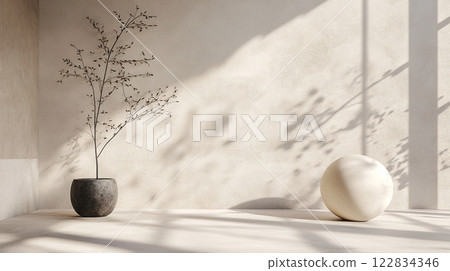White wall with a large window and a potted plant in front of it. The plant is a small tree with no leaves. A white ball is placed on the floor in front of the plant. The room is empty White wall with a large window and a potted plant in front of it. The plant is a small tree with no leaves. A white ball is placed on the floor in front of the plant. The room is empty 122834346