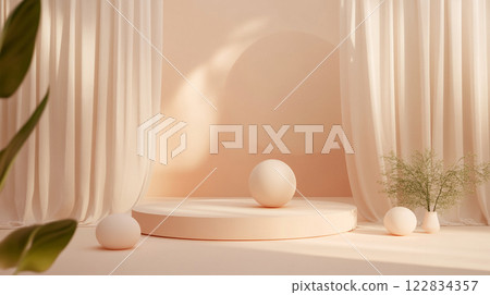 White ball sits on a pedestal in front of a curtain. The scene is set in a room with a white wall and a green plant. The ball is the focal point of the scene, and the curtains 122834357