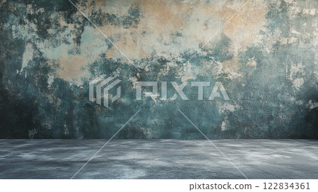 Wall with a blue and brown color scheme. The wall is empty and has a rough texture Wall with a blue and brown color scheme. The wall is empty and has a rough texture 122834361