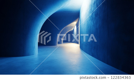 Blue tunnel with a light shining through it. The tunnel is long and narrow, and the light is coming from the top. The tunnel is made of stone and has a blue color 122834363