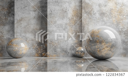 Three round objects are placed on a white background. The objects are made of glass and are of different sizes. The scene has a minimalist and modern feel to it 122834367