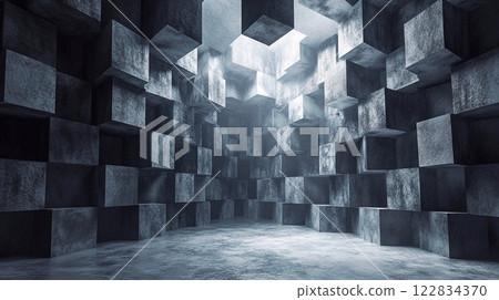 Large room with many gray blocks. The room is empty and has a cold, industrial feel 122834370