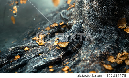 Tree trunk covered in leaves and rocks. The leaves are brown and the trunk is gray. The image has a natural and rustic feel to it Tree trunk covered in leaves and rocks. The leaves are brown and the trunk is gray. The image has a natural and rustic feel to it 122834376