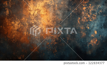 Painting of a dark background with orange and blue splatters. The painting has a mood of chaos and disorder Painting of a dark background with orange and blue splatters. The painting has a mood of chaos and disorder 122834377