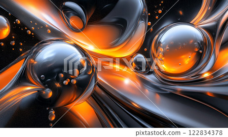 Painting of a bunch of shiny spheres in various sizes and colors. The spheres are arranged in a way that creates a sense of movement and energy. The overall mood of the painting is dynamic 122834378