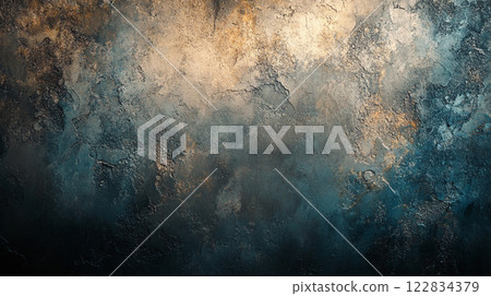 Blurry, abstract painting of a cloudy sky with a splash of blue. The painting is full of texture and seems to be a representation of the chaos and unpredictability of nature 122834379