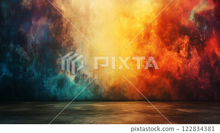 Colorful painting with a lot of splatters of paint. The painting is abstract and has a lot of different colors 122834381