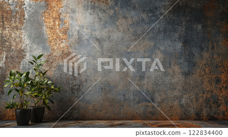 Wall with a plant in a pot. The wall is made of concrete and has a rustic look Wall with a plant in a pot. The wall is made of concrete and has a rustic look 122834400