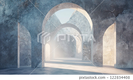 Large, empty, white room with a stone archway in the middle. The archway is the only source of light in the room 122834408