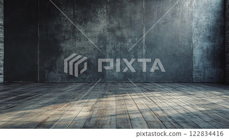 Large, empty room with a wooden floor and a wall made of concrete. The room is bare and unadorned, with no furniture or decorations. Scene is one of emptiness and solitude 122834416