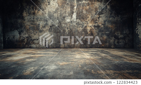 Large, empty room with a wall that is covered in graffiti. The room is bare and has a sense of emptiness 122834423