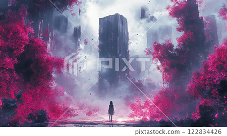 Woman is standing in a forest with pink trees and a pink sky. The scene is serene and peaceful, with the woman appearing to be lost in thought. The pink color scheme of the trees Woman is standing in a forest with pink trees and a pink sky. The scene is serene and peaceful, with the woman appearing to be lost in thought. The pink color scheme of the trees 122834426