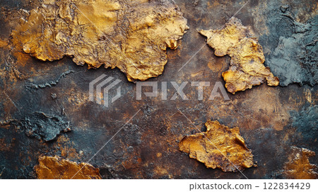 Wall with a gold and brown texture, giving it a vintage and rustic feel. The wall is covered in various shapes and sizes of leaves, creating a unique and artistic design. The combination of gold Wall with a gold and brown texture, giving it a vintage and rustic feel. The wall is covered in various shapes and sizes of leaves, creating a unique and artistic design. The combination of gold 122834429