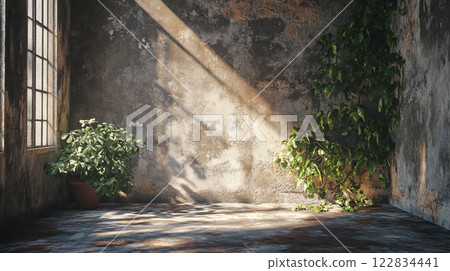 Room with a window and a plant in a pot. The room is empty and has a lot of sunlight coming in through the window Room with a window and a plant in a pot. The room is empty and has a lot of sunlight coming in through the window 122834441